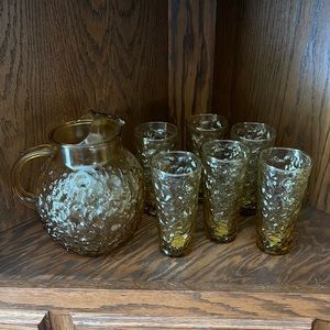 1970’s Anchor Hocking Textured Honey Gold Ball Pitcher and Matching Glasses